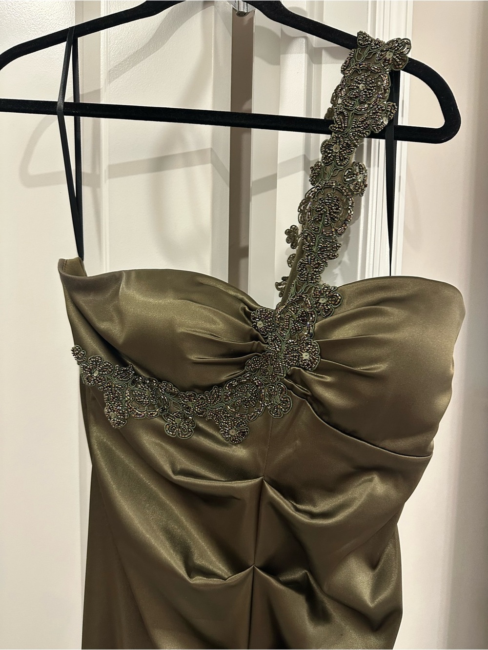 One-Shoulder Olive Green Embellished Satin Prom Dress